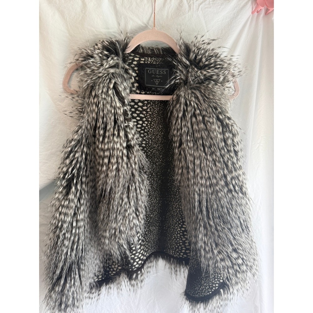Guess Los Angeles Faux Fur Vest Black White Salt Pepper Open Front XS